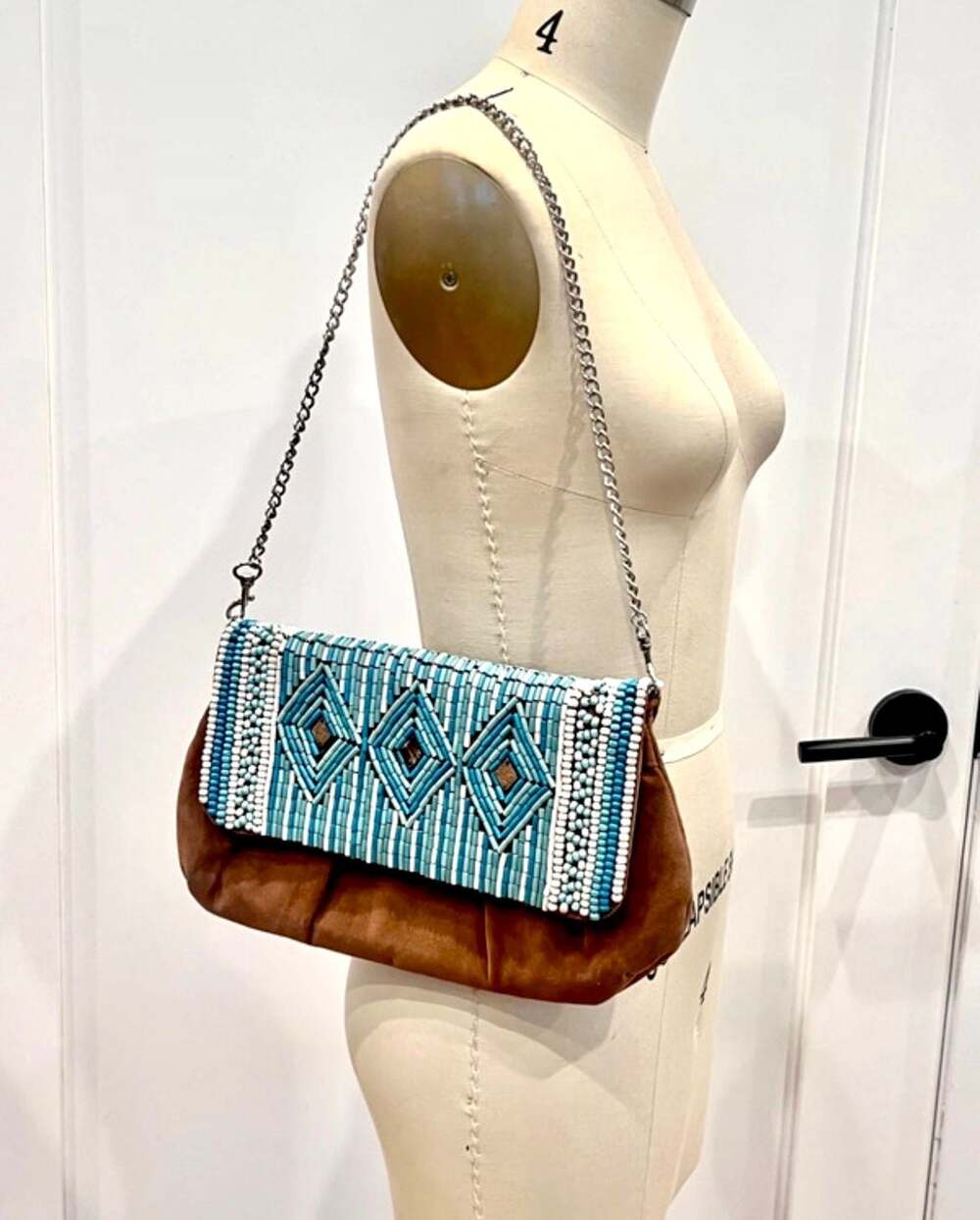 Chico's Brown Faux Suede Boho Turquoise Beaded Shoulder Bag with Chain Strap - Picture 3 of 9